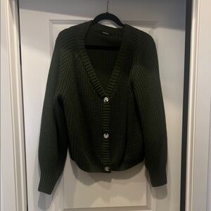 Dark Green V-Neck Button Cardigan Sweater